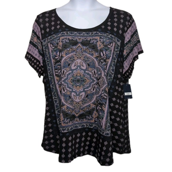 Lucky Brand Tops - Lucky Brand Knit Top Womens Plus Size 3X Black Print Cap Sleeves‎ Boho NEW NWT